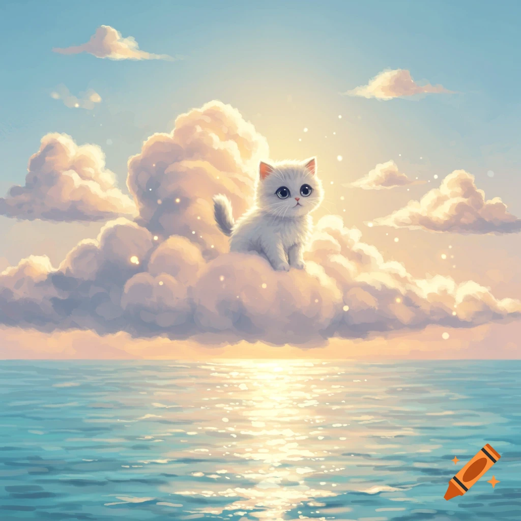 A cute white kitten with big eyes sits on a fluffy cloud floating above a serene ocean with a sunlit reflection. Illustrated style.