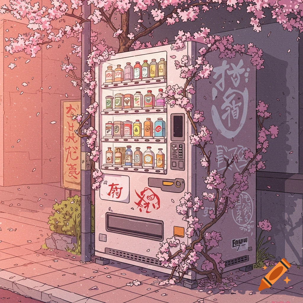 An anime-style illustration of a white vending machine on a street, heavily adorned with pink cherry blossom vines and falling petals.