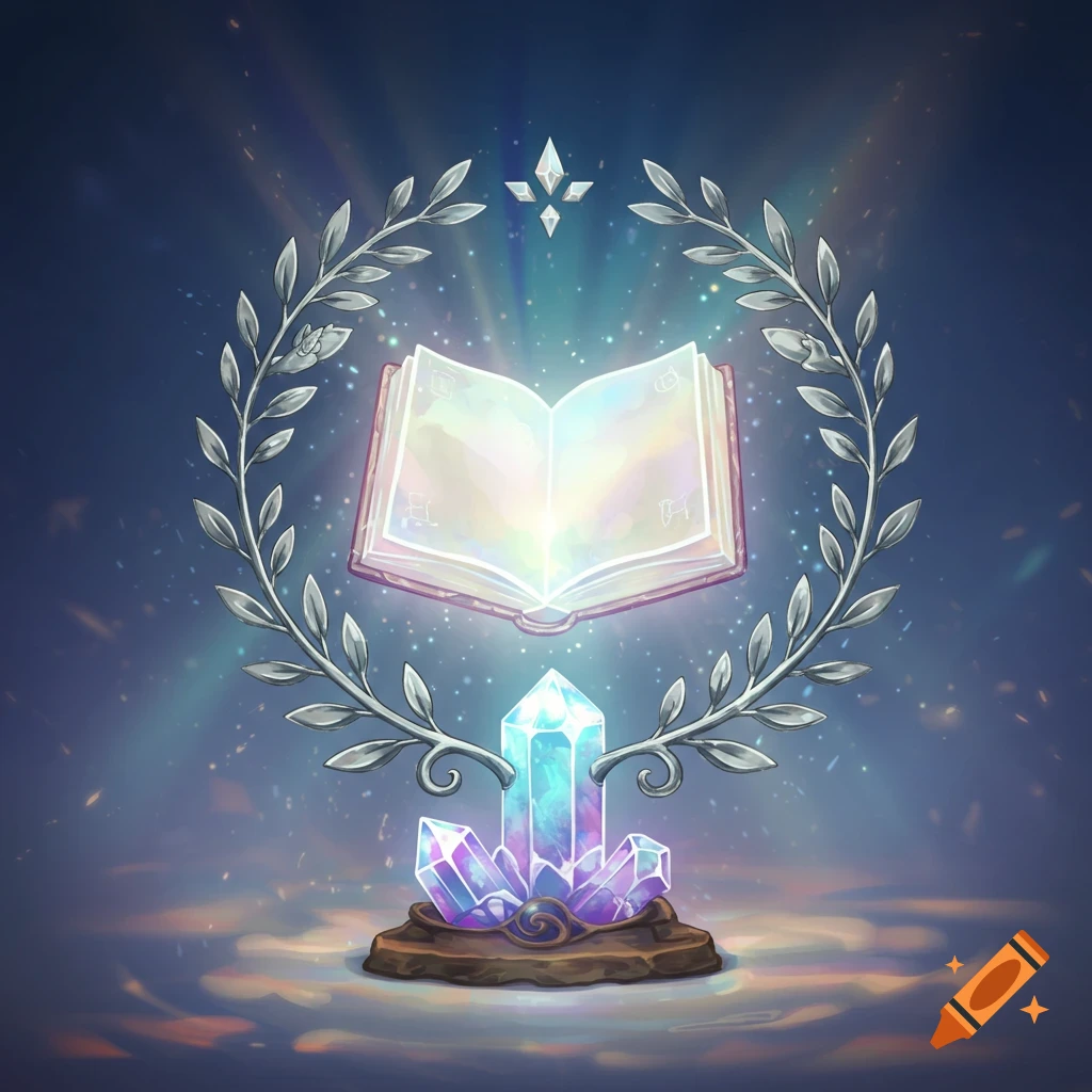 A glowing open book surrounded by a silver laurel wreath, floating above iridescent crystals on a brown base, against a dark blue background with radiating light.