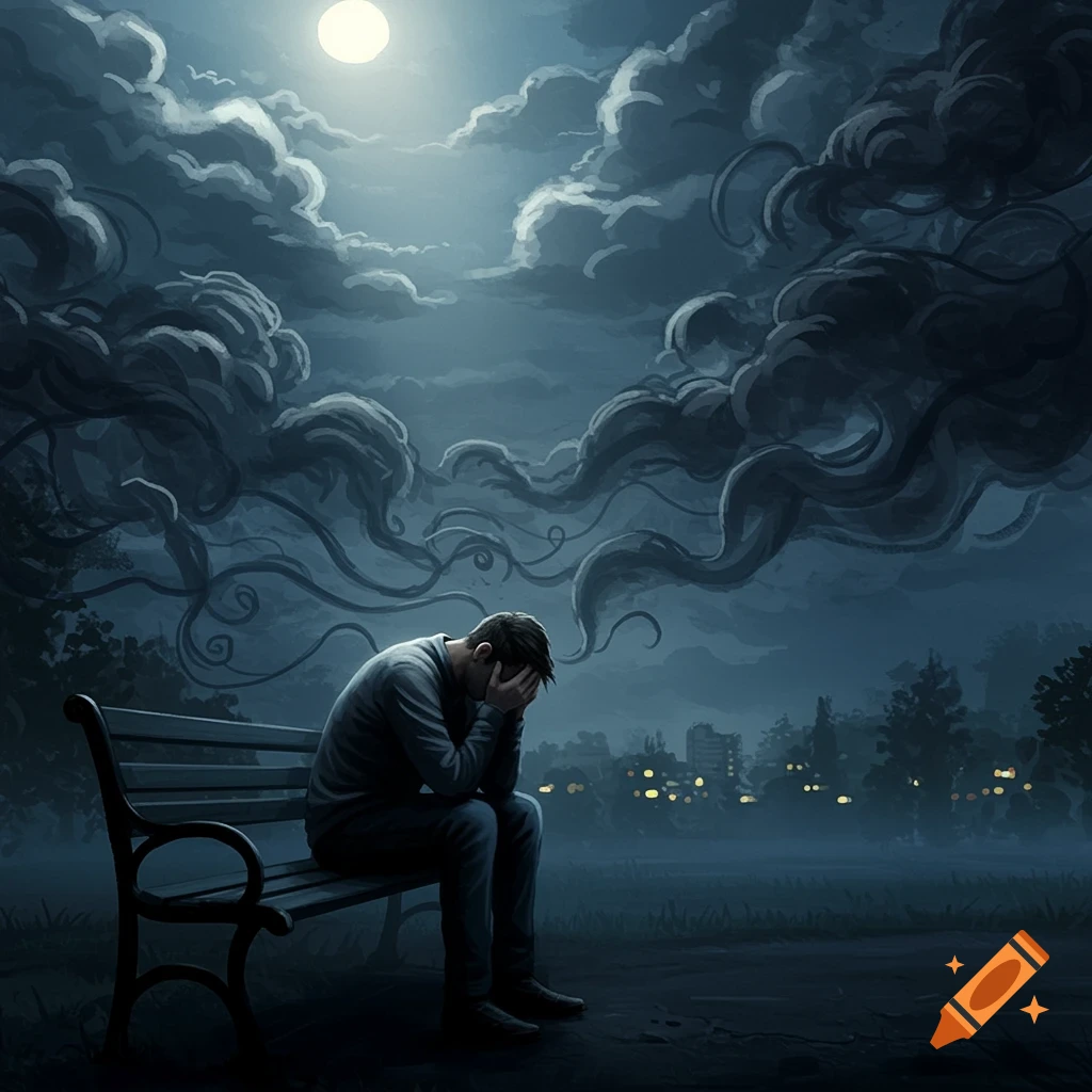 A man sits alone on a park bench at night, head in hands, under a swirling, dark sky with a moon, depicting sadness.