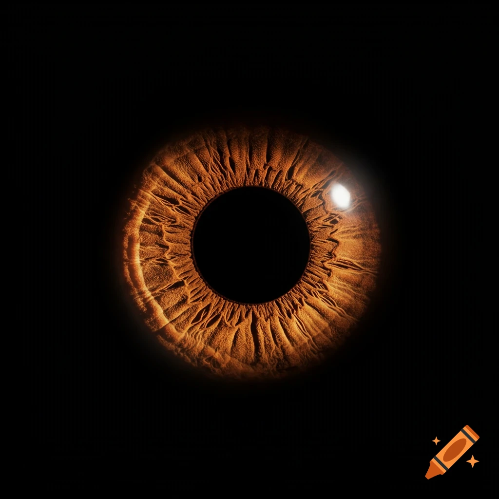 Extremely detailed macro shot of a brown human iris with a single bright highlight, against a dark background.