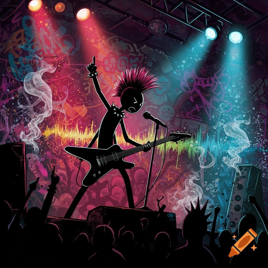 A silhouetted punk rock stick figure with a mohawk playing guitar on a stage under spotlights, with a vibrant graffiti background and a cheering crowd.
