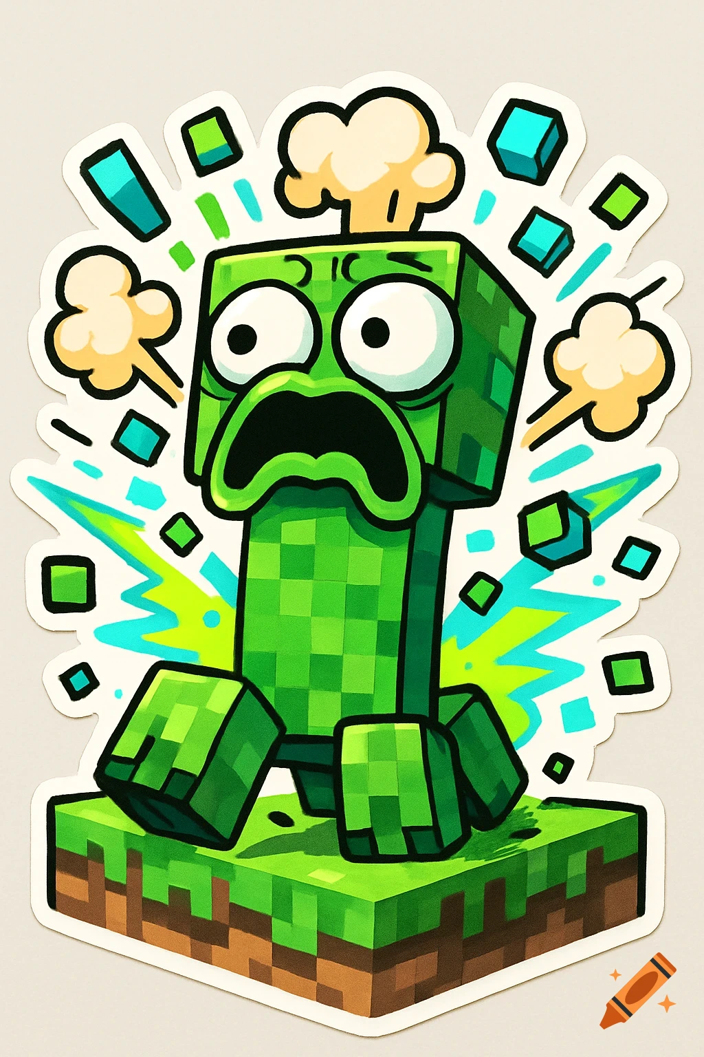 Cartoon sticker of a shocked Minecraft Creeper with wide eyes and open mouth, surrounded by small blocks and explosion clouds.