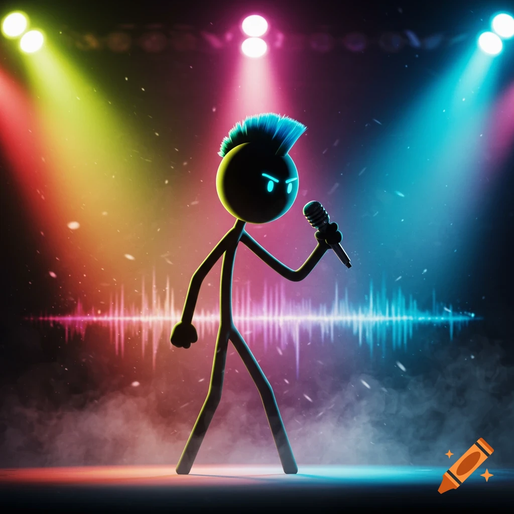 A vibrant 3D rendered stick figure with a blue mohawk and glowing eyes holds a microphone on a stage with colorful spotlights and sound waves.