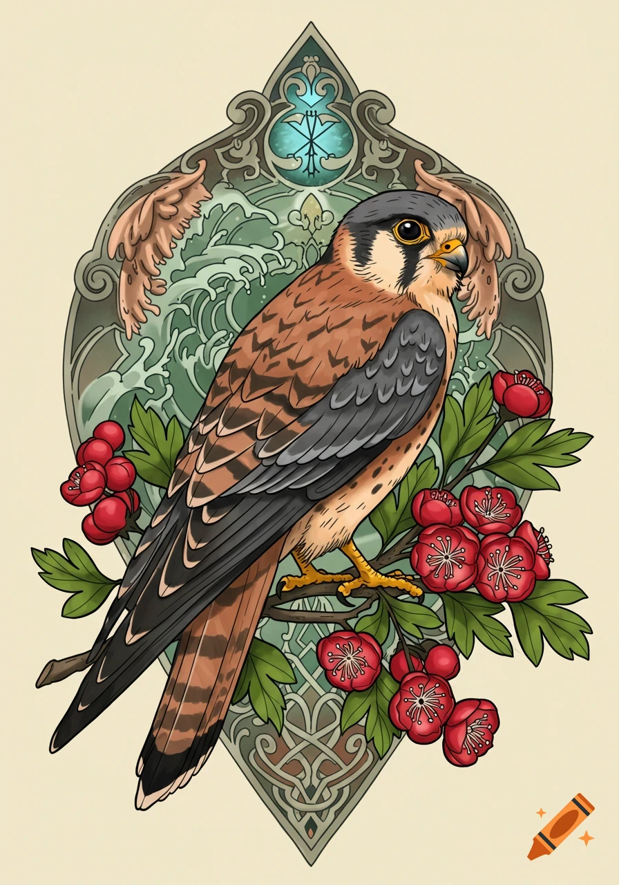 Neo-traditional illustration of a kestrel on a hawthorn branch with ornate background symbols.