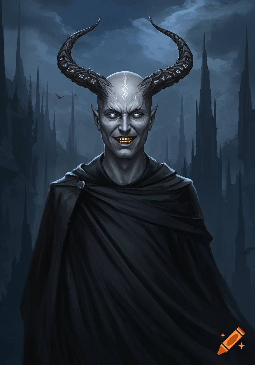 A creepy bald demon-like man with large horns, glowing eyes, and gold teeth, wearing a dark cloak against a dark, spiky cityscape.
