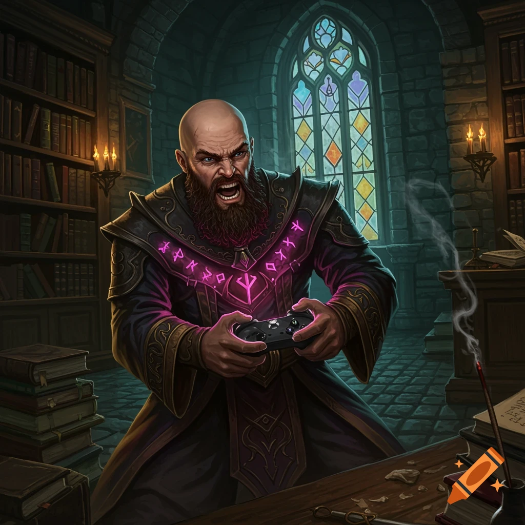 A bald, bearded sorcerer in a dark, rune-emblazoned robe angrily plays an Xbox controller in a Gothic library. Digital art.