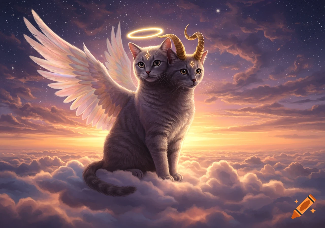 A two-headed gray cat with angel wings, gold horns, and a glowing halo sits on clouds against a starry sunset sky.