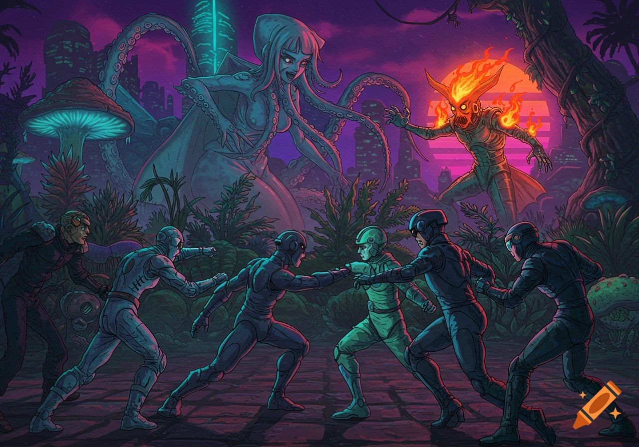 Anime-style battle in a cyberpunk tropical city with neon lights, featuring cyborg agents, a giant octopus kaiju, and a flaming robot.