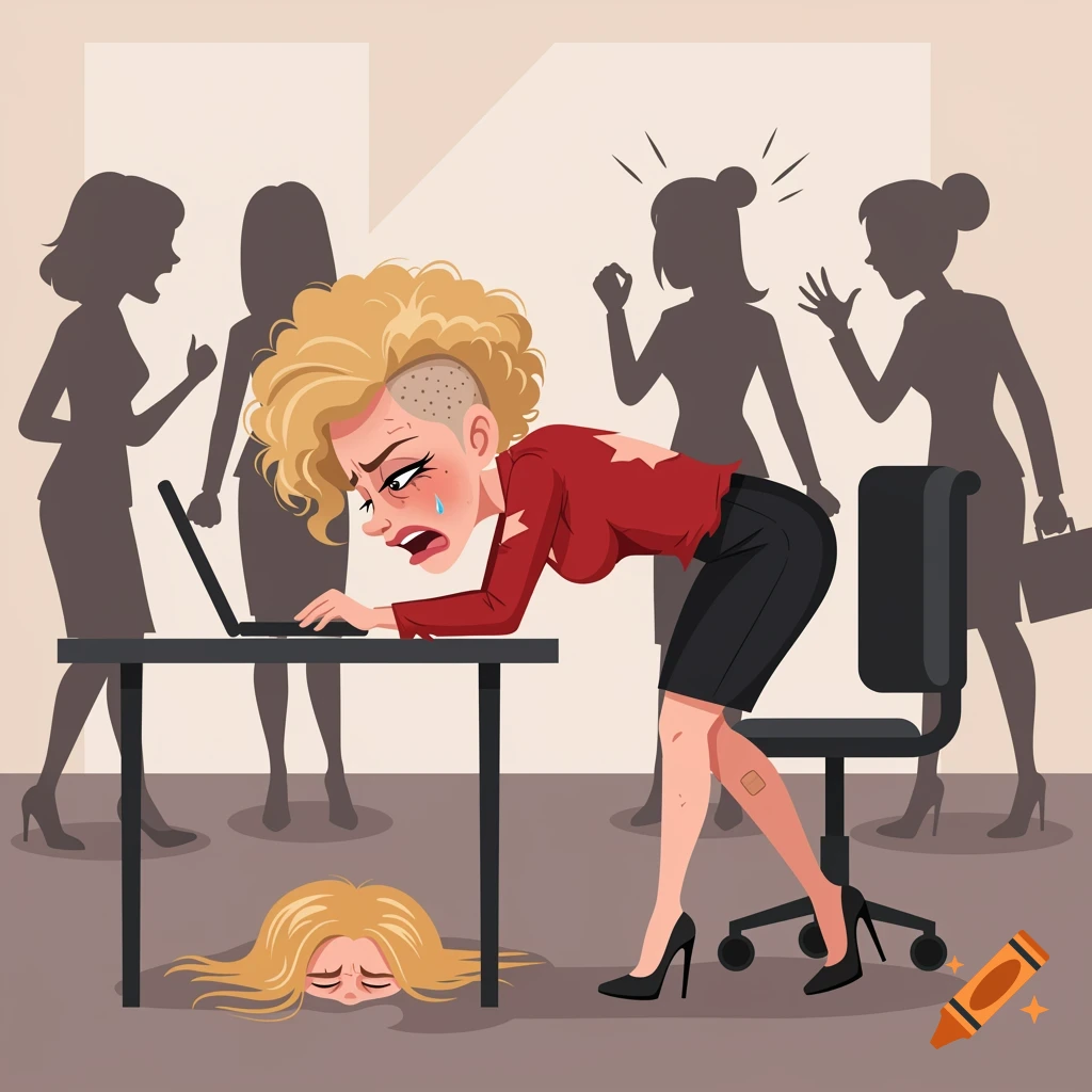 A crying, stressed cartoon woman with disheveled blonde hair and torn clothes leans over a laptop at an office desk, while other female silhouettes shout at her, and a detached blonde head lies on the floor.