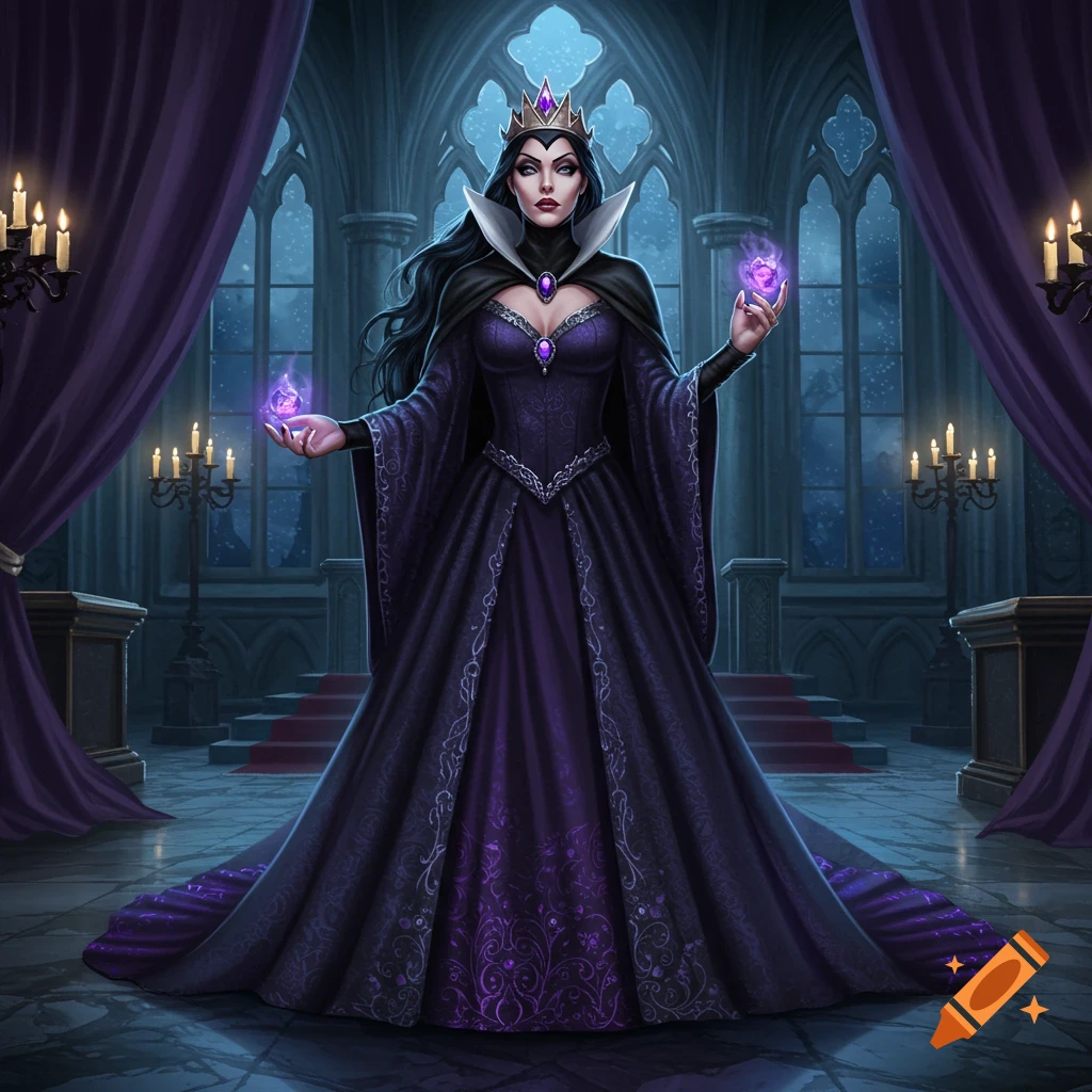 A powerful evil queen in a purple and black gown stands in a gothic castle, holding glowing purple orbs.