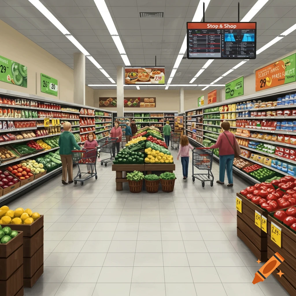 An illustration of the inside of a Stop & Shop supermarket, showing aisles with shelves of groceries, a produce section, and several shoppers pushing carts.