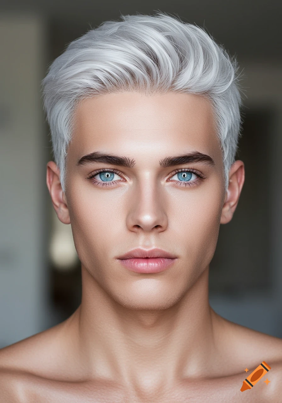 Close-up portrait of a young man with white hair and striking blue eyes.