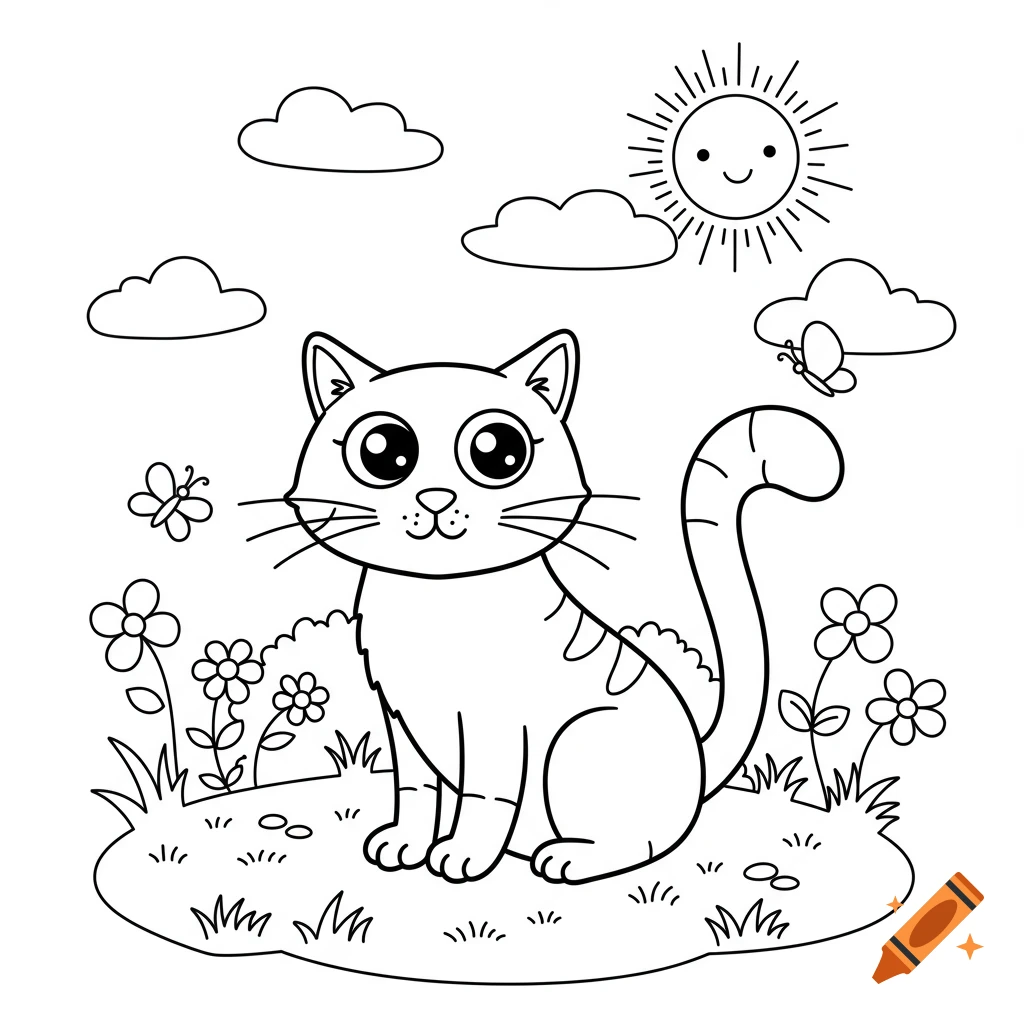 Black and white line art drawing of a cute cat sitting in a field with flowers, butterflies, and a smiling sun, suitable for a coloring book.