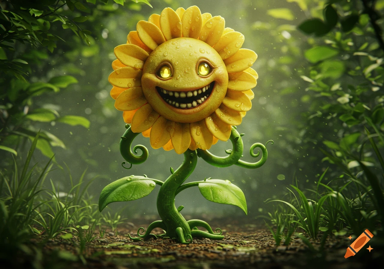 A creepy, grinning sunflower with glowing yellow eyes and a thorny vine-like stem stands in a lush, misty forest.
