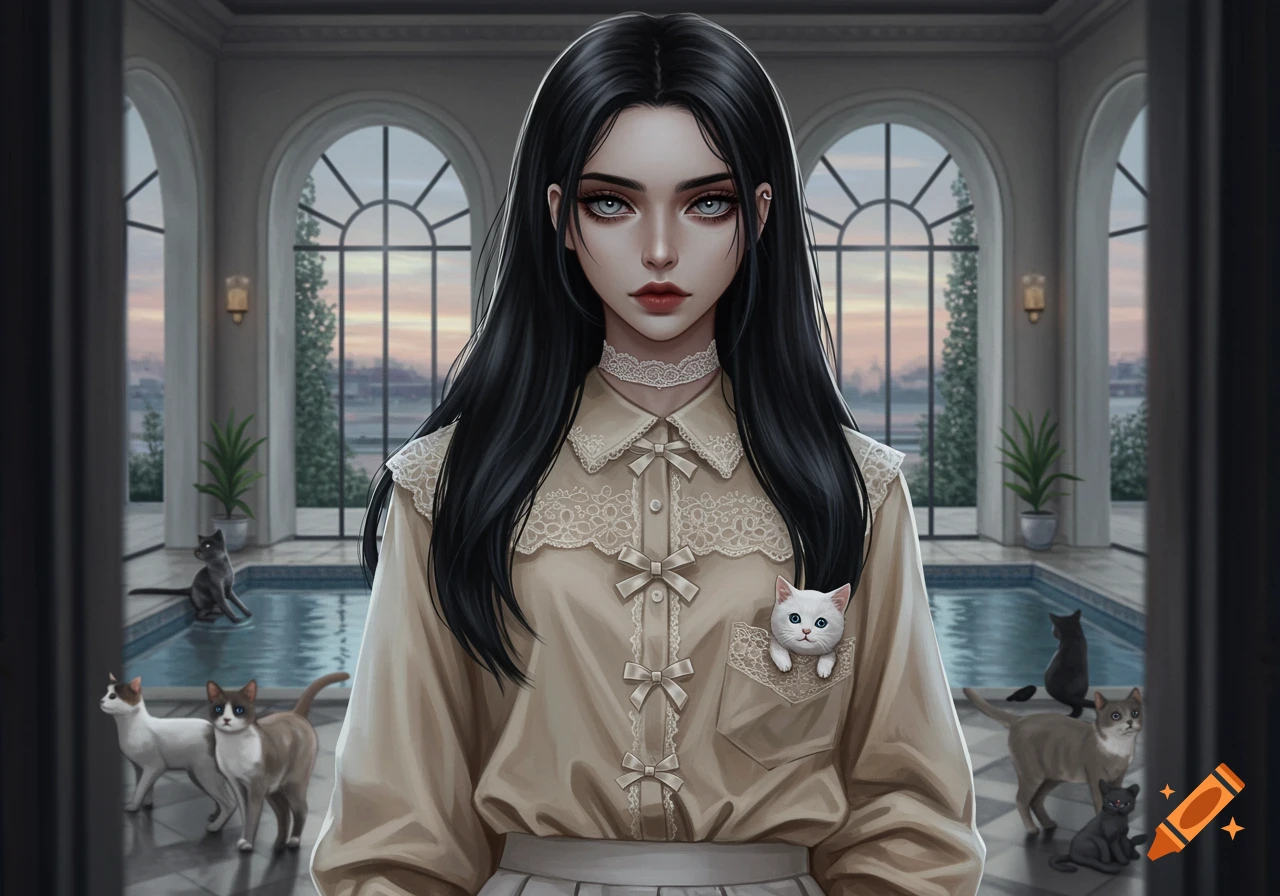 Digital portrait of a pale woman with long black hair and grey eyes wearing a beige lace shirt, a white kitten in her pocket. Cats lounge around a grand indoor pool.