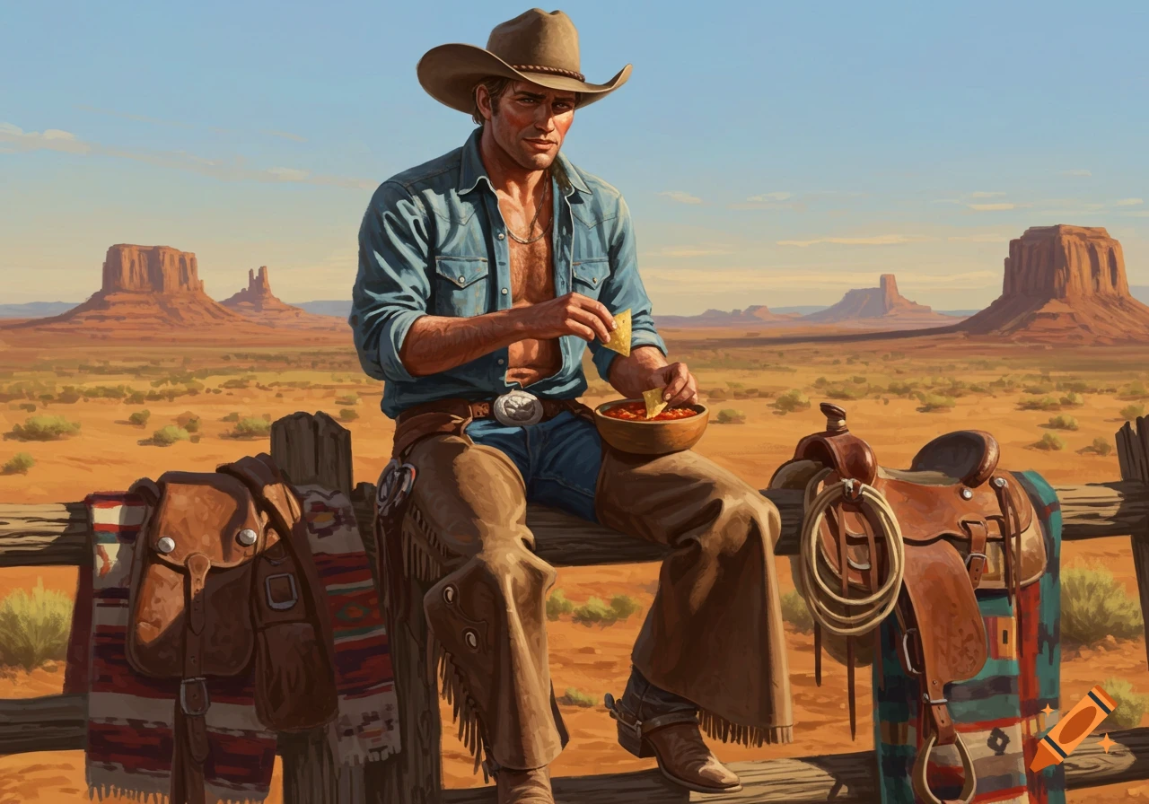 A cowboy in chaps and an unbuttoned denim shirt sits on a fence in a desert, eating salsa with tortilla chips. Mesa formations are in the background.