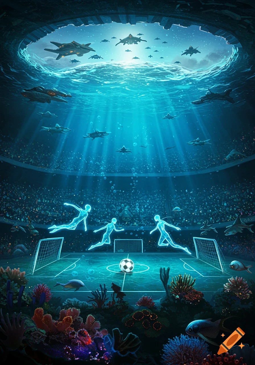 Glow-in-the-dark alien figures play football in an underwater stadium with crowds cheering and spaceships flying above.