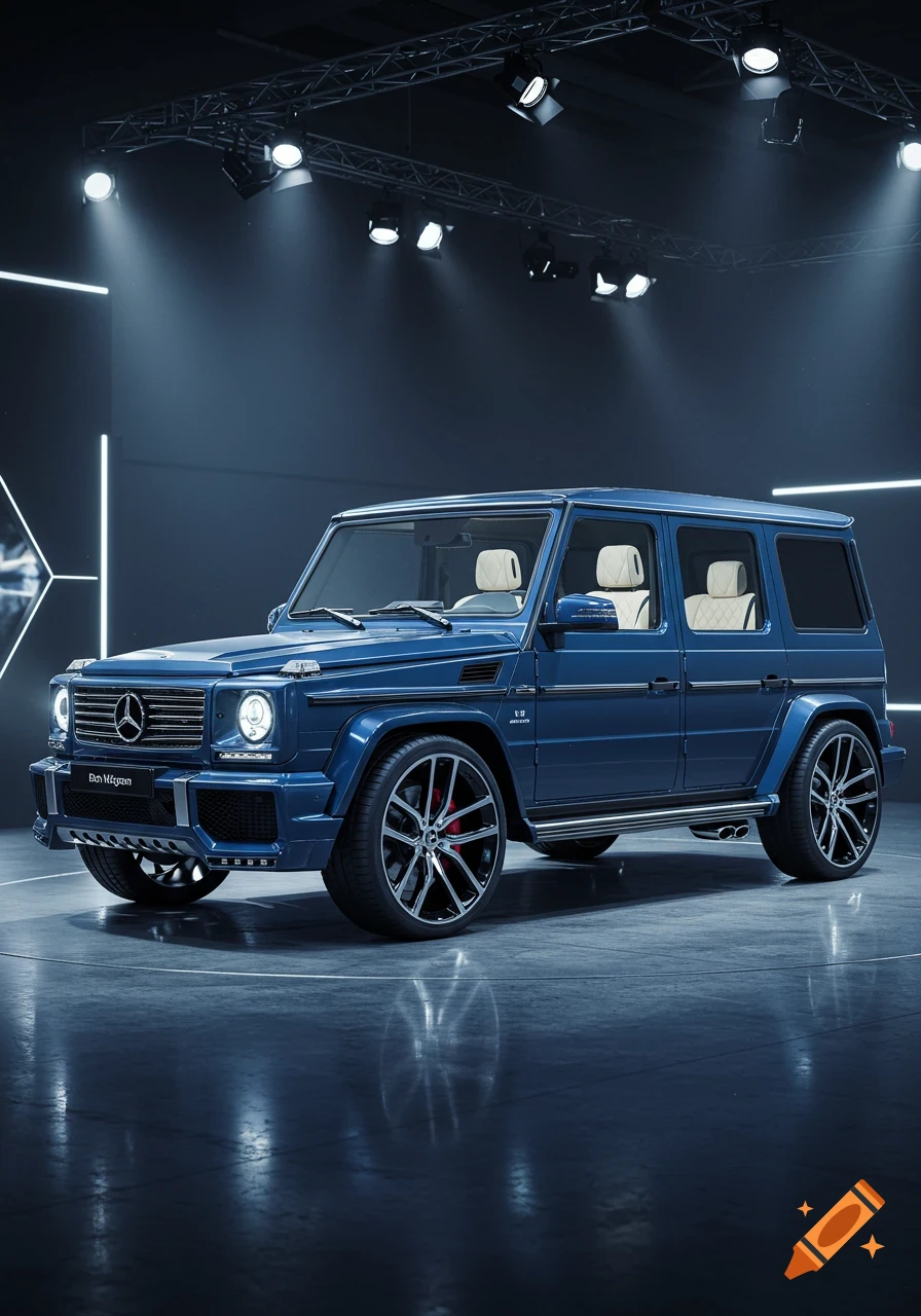 Hyper-realistic image of a blue Mercedes G-Wagon with custom rims and interior on display in a car show.