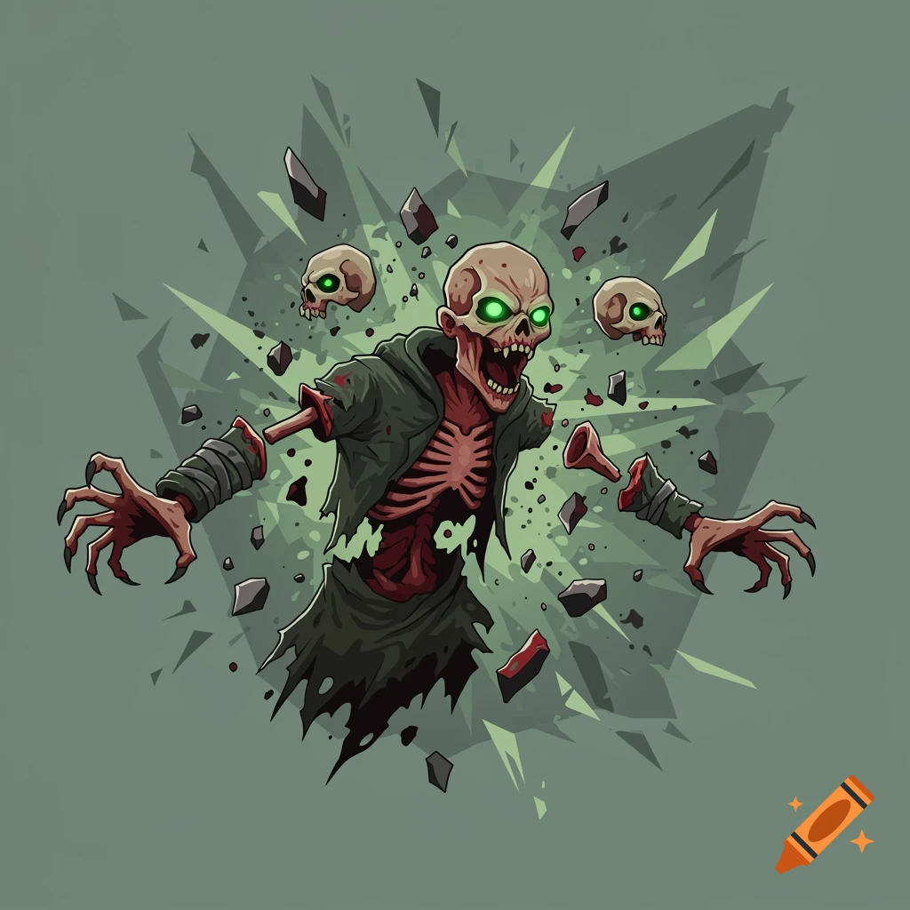 A cartoon illustration of a dismembered ghoul with green glowing eyes and exposed ribs, floating amidst shattered debris with two additional skulls.