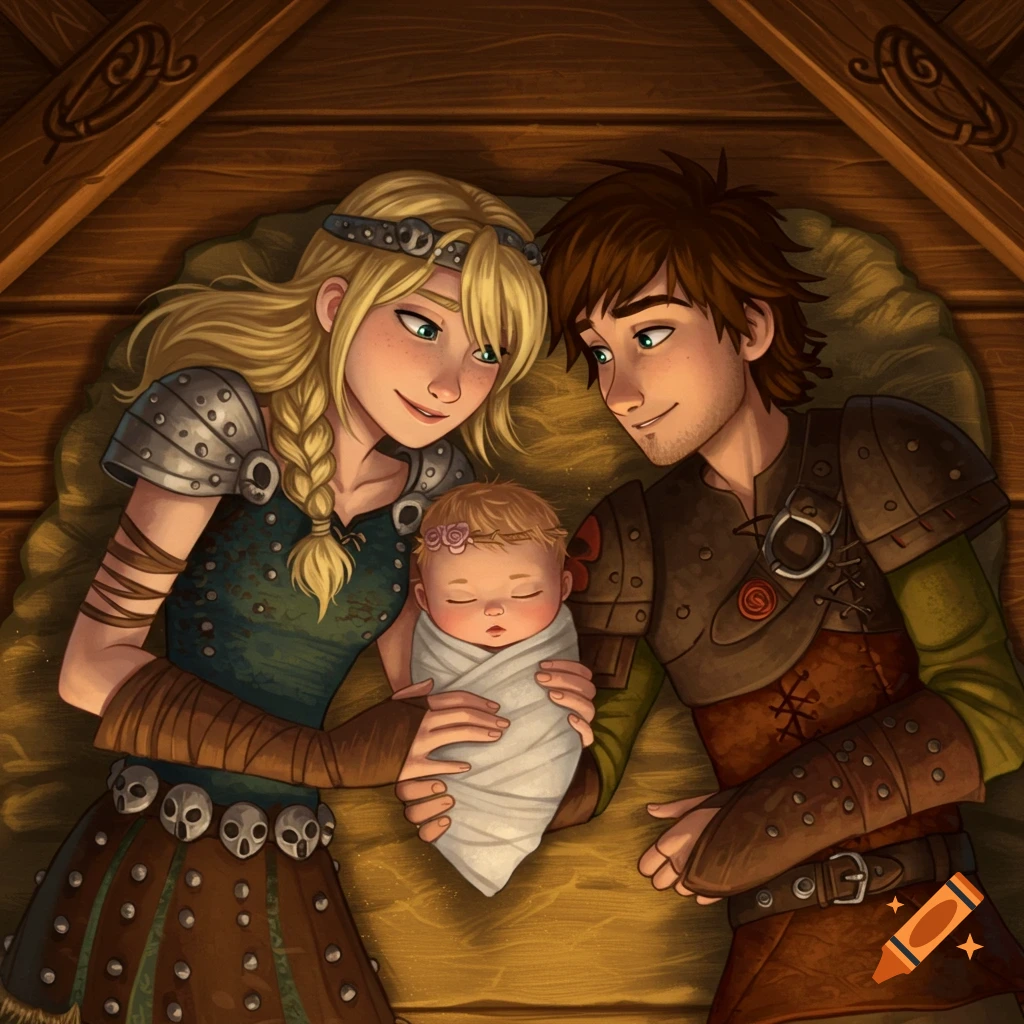 Hiccup and Astrid from How to Train Your Dragon gaze lovingly at their swaddled newborn baby in a Viking bed.