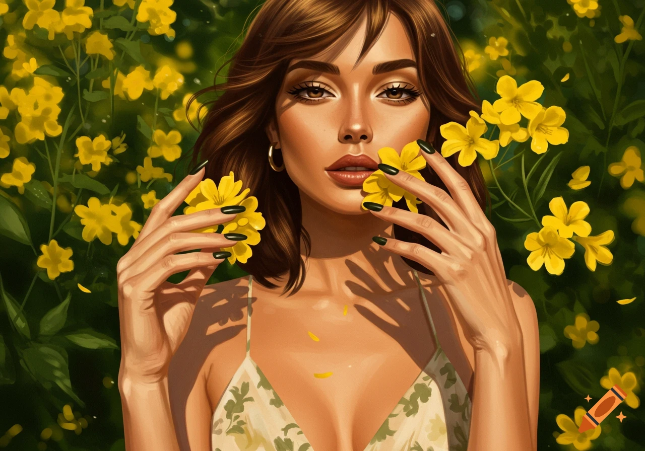 A painterly portrait of a woman with long brown hair and dark nails, holding yellow flowers against a lush green and yellow floral background.