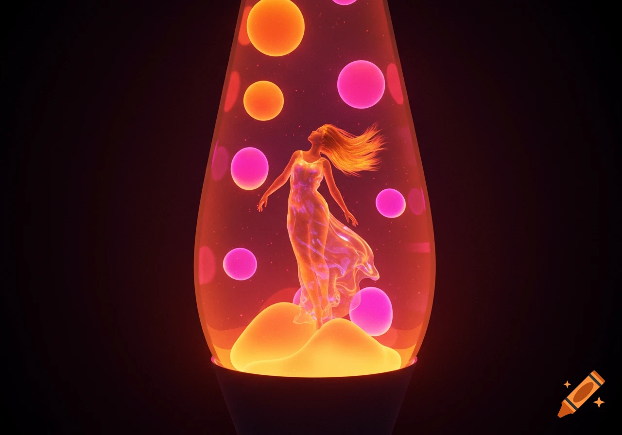 A glowing, translucent figure of a woman with flowing hair appears inside an orange and pink lava lamp.