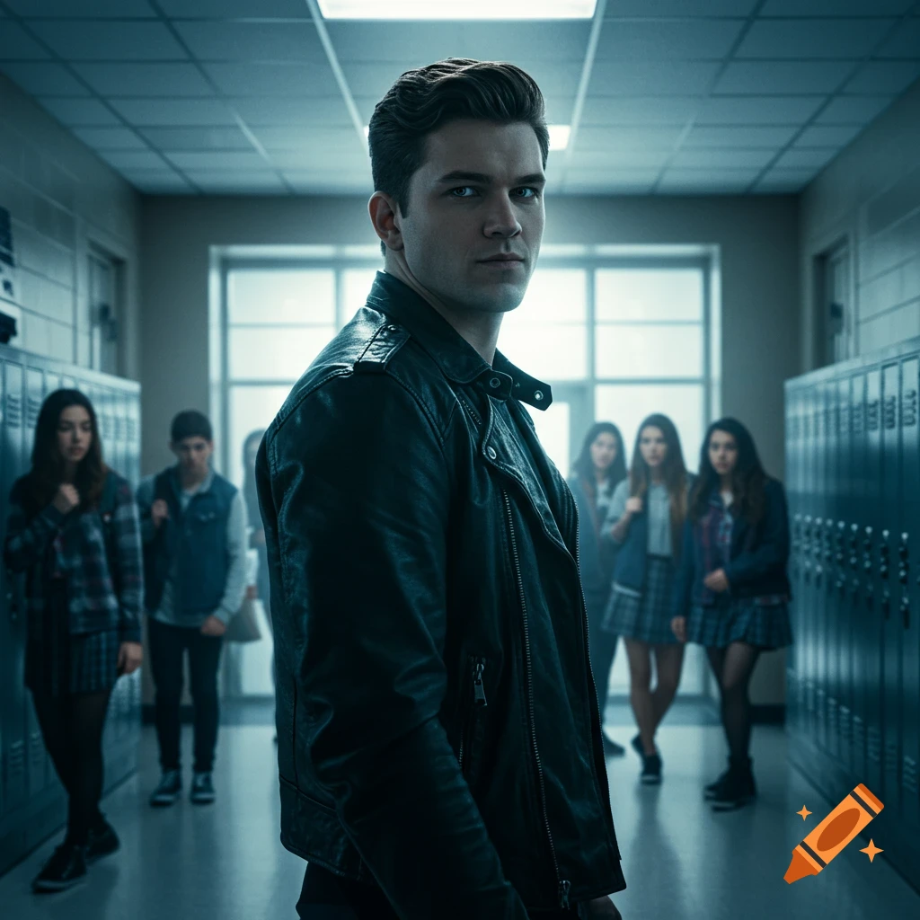 Photorealistic image of a young man in a leather jacket in a school hallway with blurred students behind him.
