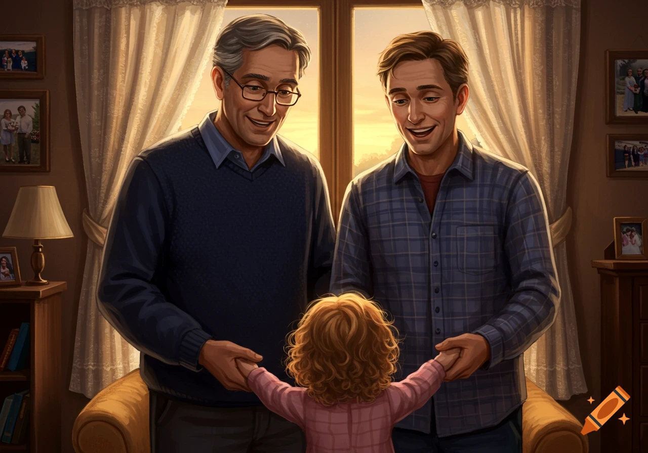 Two smiling men in a warm, sunlit room hold a small child's hands, looking down at them in a digital painting.
