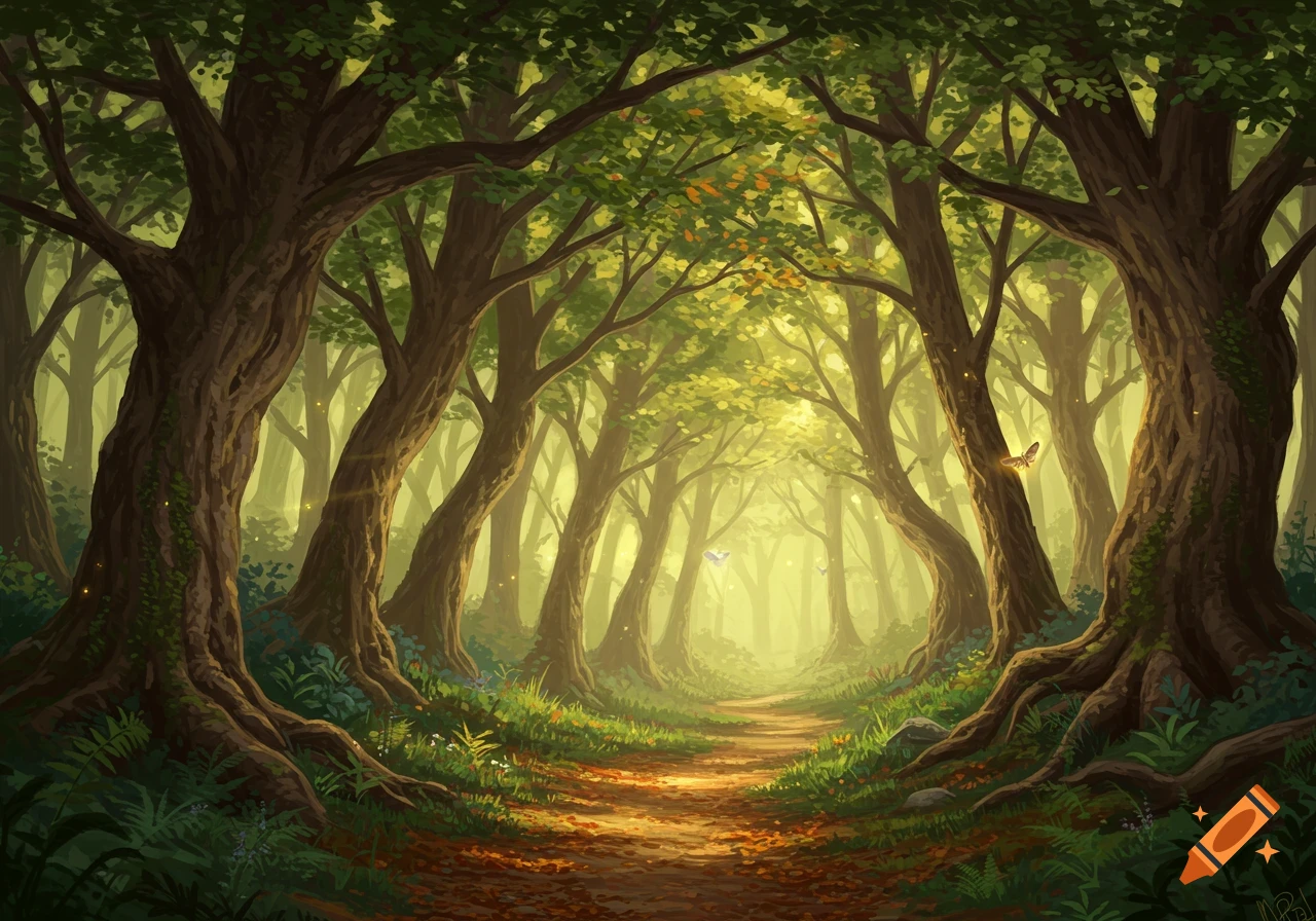 A path winds through a sunlit, magical forest with tall trees and glowing particles, in a painted style.