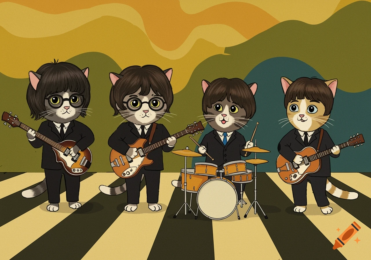 Four cartoon cats dressed in suits, resembling The Beatles, playing musical instruments on a striped road.
