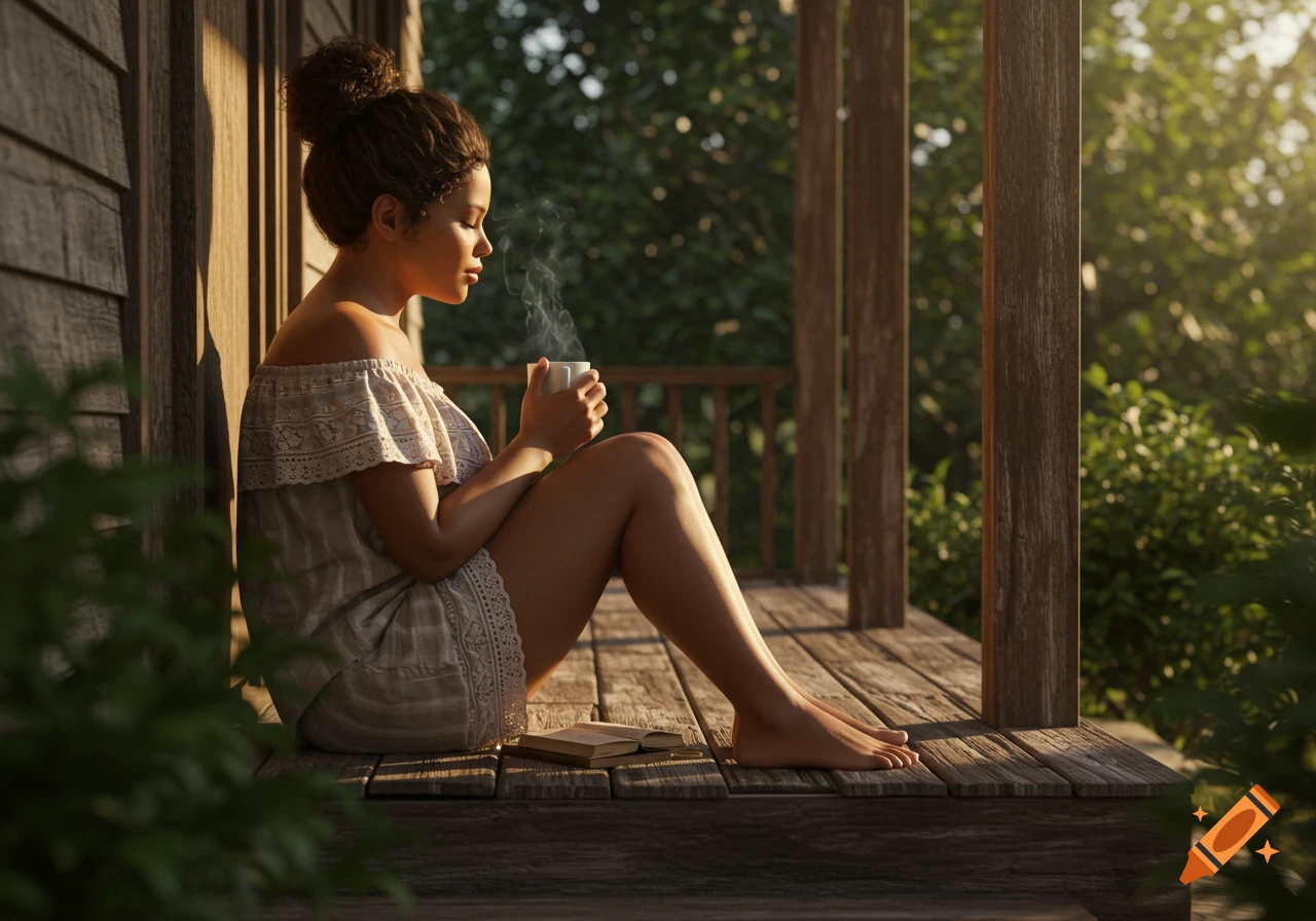 A woman with a messy bun sits on a wooden porch, eyes closed, holding a steaming coffee cup in warm sunlight. A book lies beside her.