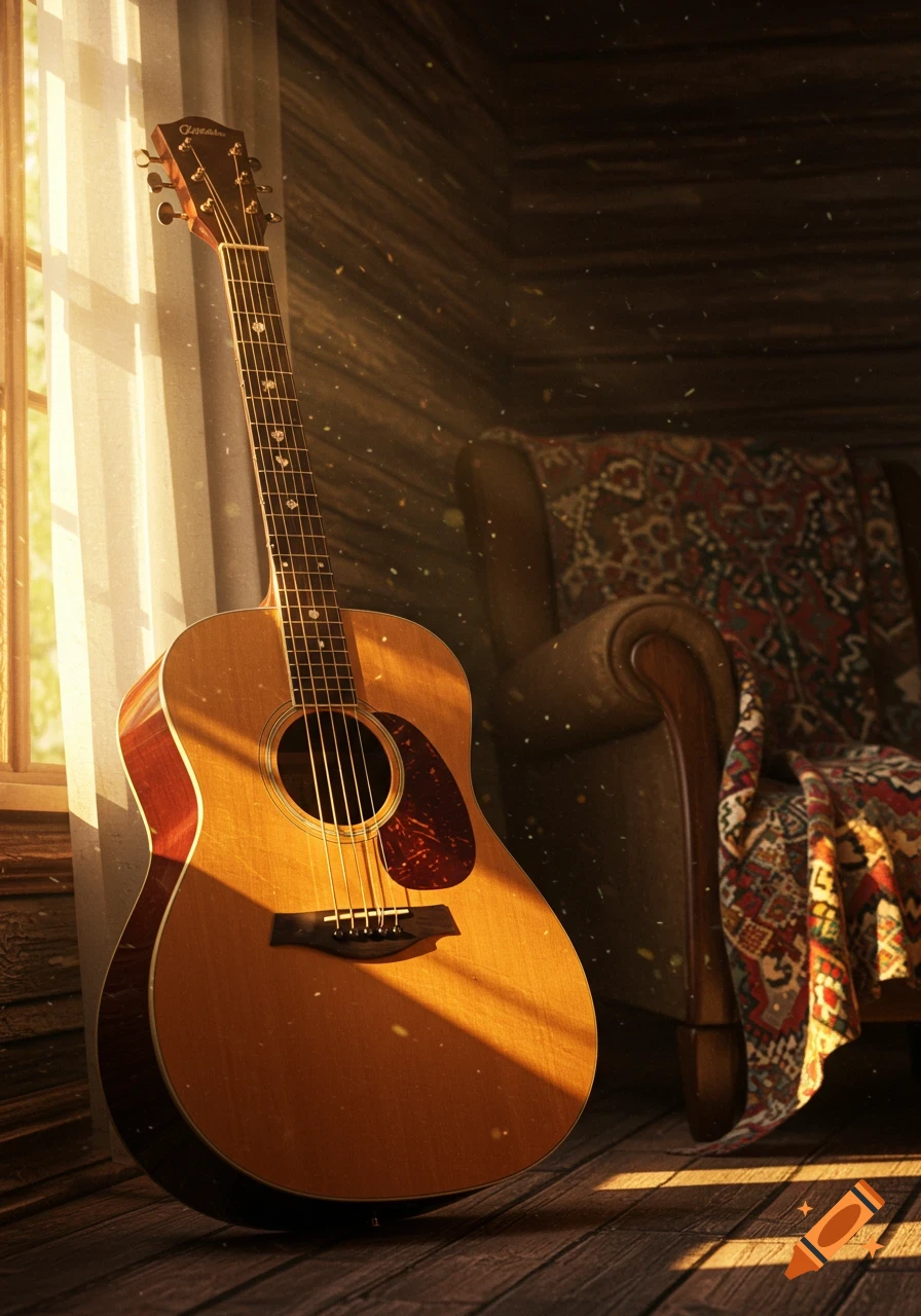 An acoustic guitar leans against a sunlit wall by a window, with an armchair and patterned rug in a rustic room.