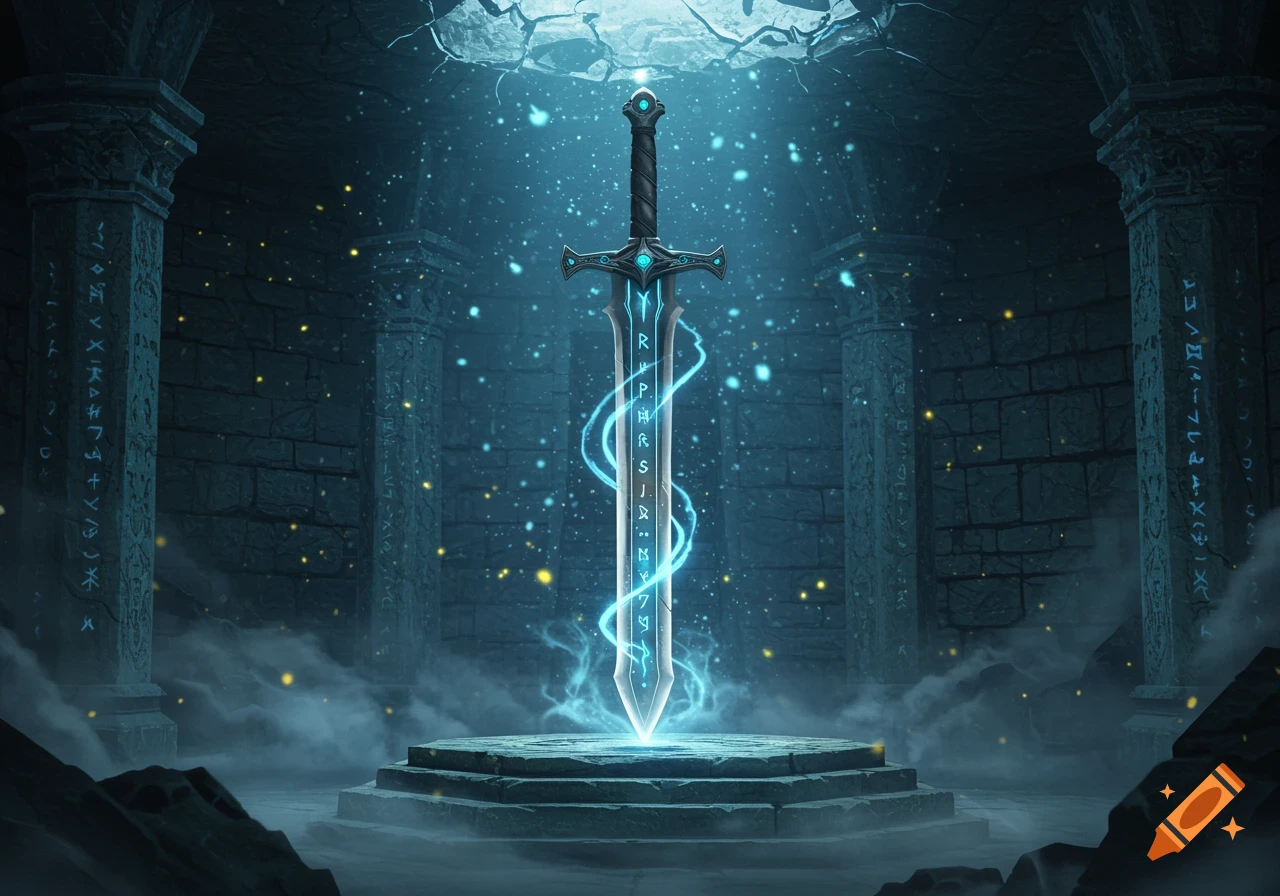 A glowing longsword with blue runes stands upright on a stone pedestal in a dark, ancient chamber, illuminated by an ethereal blue light from above, with mystic particles in the air.