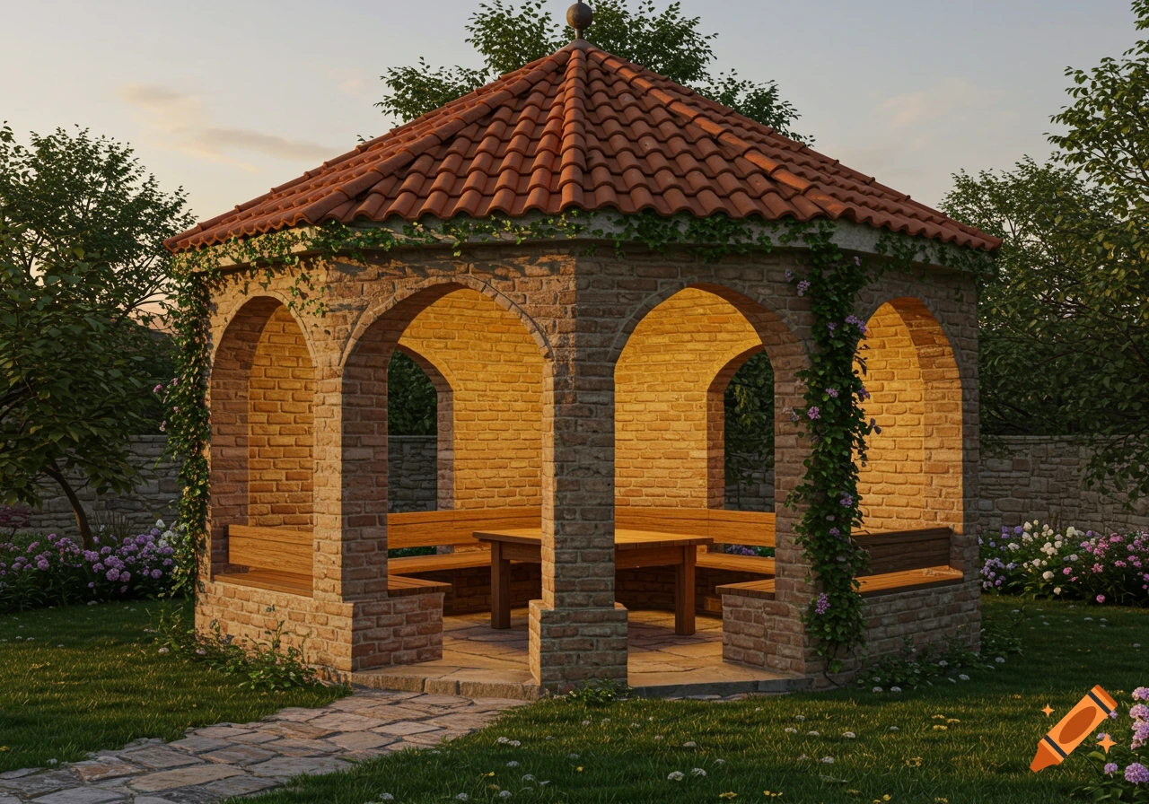 An octagonal brick gazebo with a red tiled roof, built-in benches, and a table, surrounded by a grassy garden at sunset.