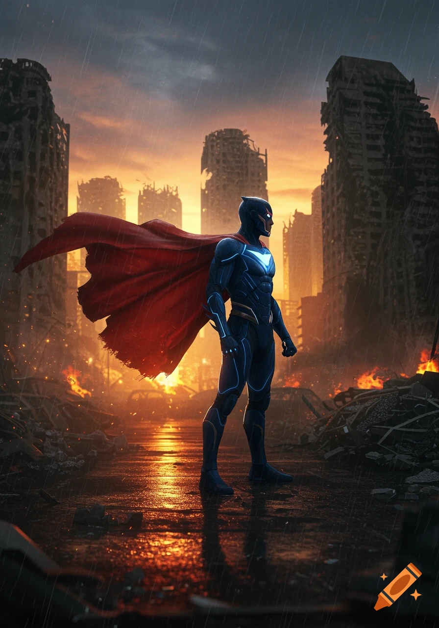 A superhero in a blue suit and red cape stands in a ruined city with fires and rain under a sunset sky.