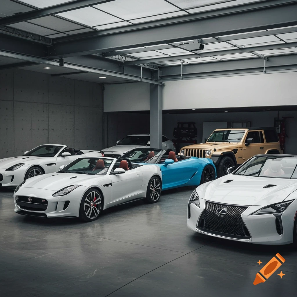A collection of luxury sports cars and an SUV parked in a modern, well-lit garage.
