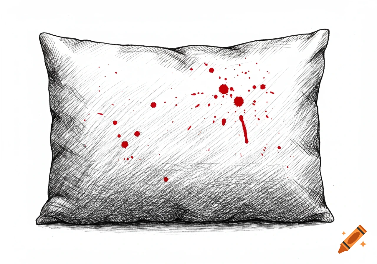 Hand-drawn illustration of a white pillow with black cross-hatching and red blood splatters on a white background.
