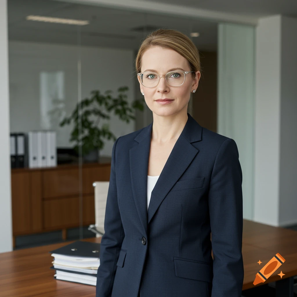 A photorealistic portrait of a woman in a navy business suit and glasses standing in an office.