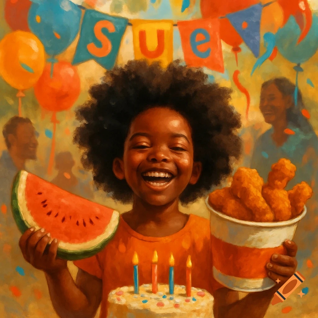 A happy black girl with an afro smiles, holding a watermelon slice and a bucket of fried chicken, with a birthday cake and "SUE" banner.