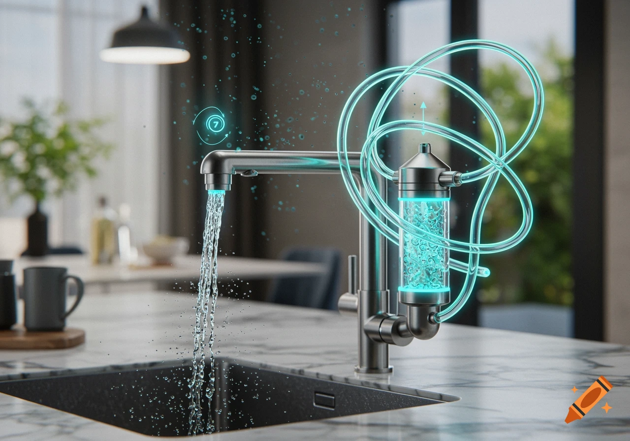 A futuristic faucet with a glowing water filter attachment in a modern kitchen.