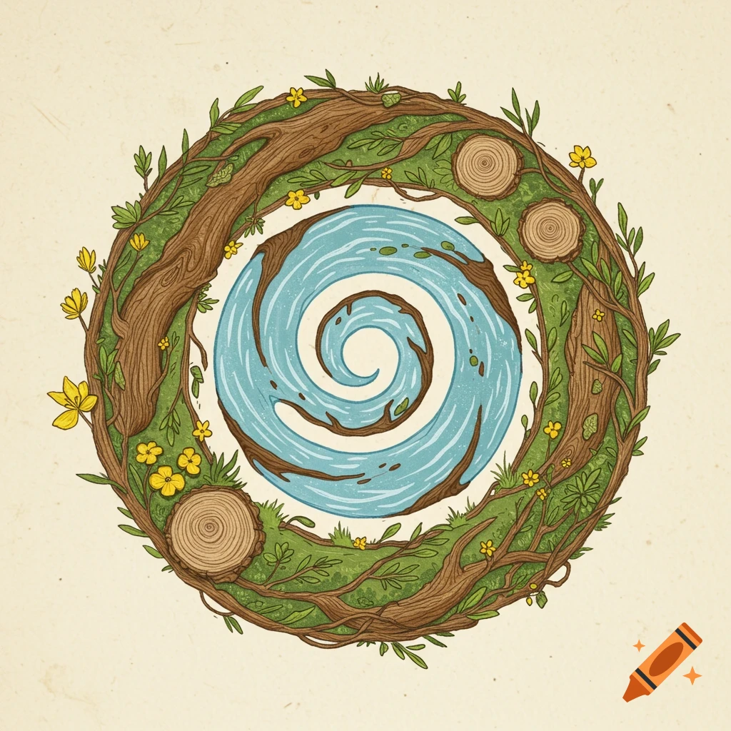 A circular illustration of intertwined tree branches, green foliage, yellow flowers, tree stumps, and a blue water spiral.