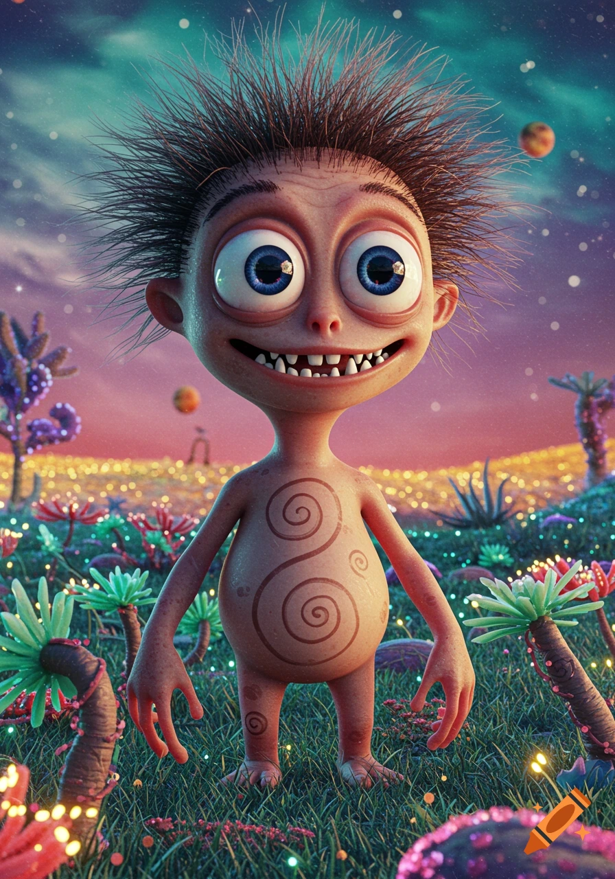 A cartoonish alien monster with big blue eyes, spiky hair, and spirals on its body stands in a vibrant, glowing alien landscape at dusk.