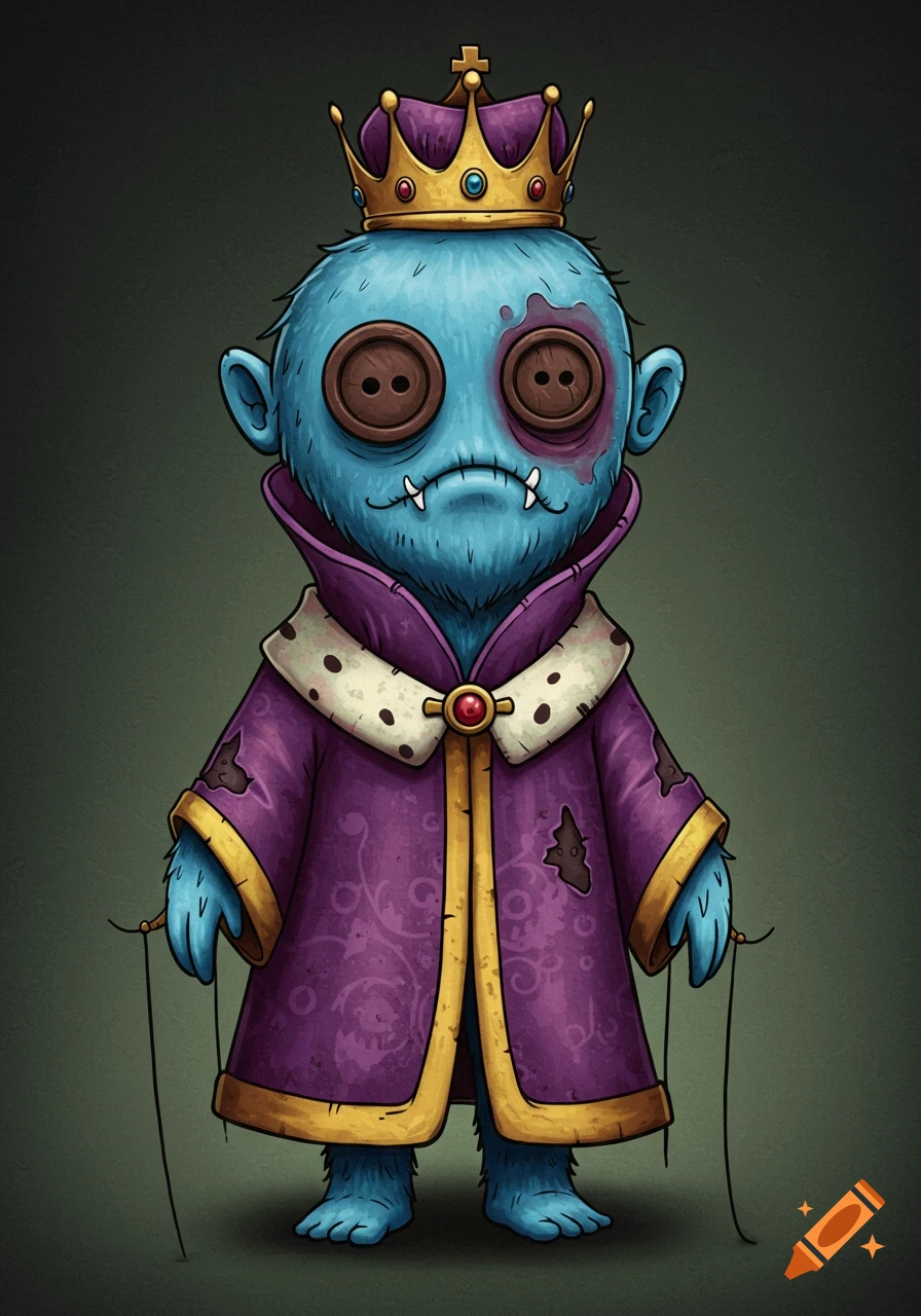 A 2D blue monster puppet wearing a purple king's robe and golden crown, with button eyes and fangs.