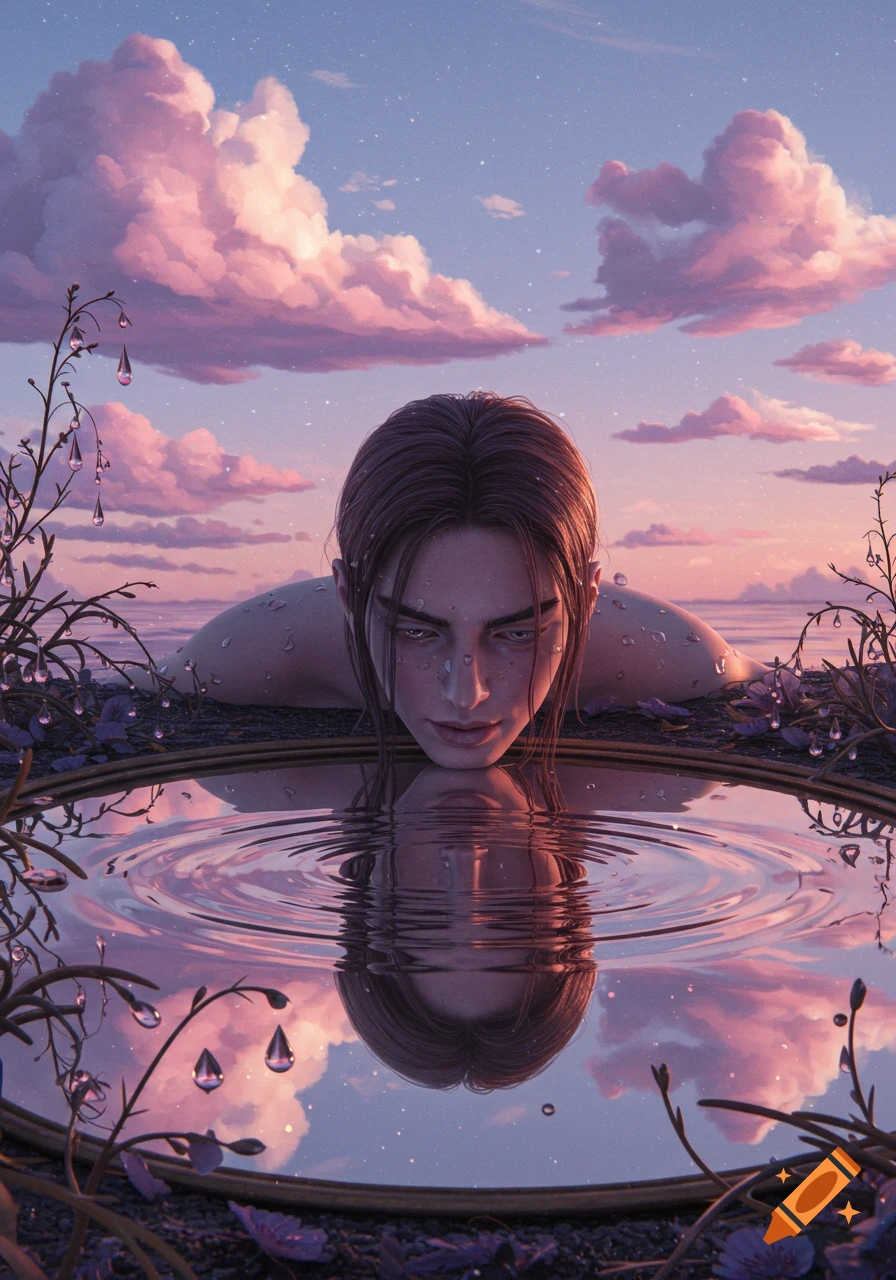 A person leans over a pool of water, gazing at their reflection under a pink and purple sunset sky, with water drops on them.