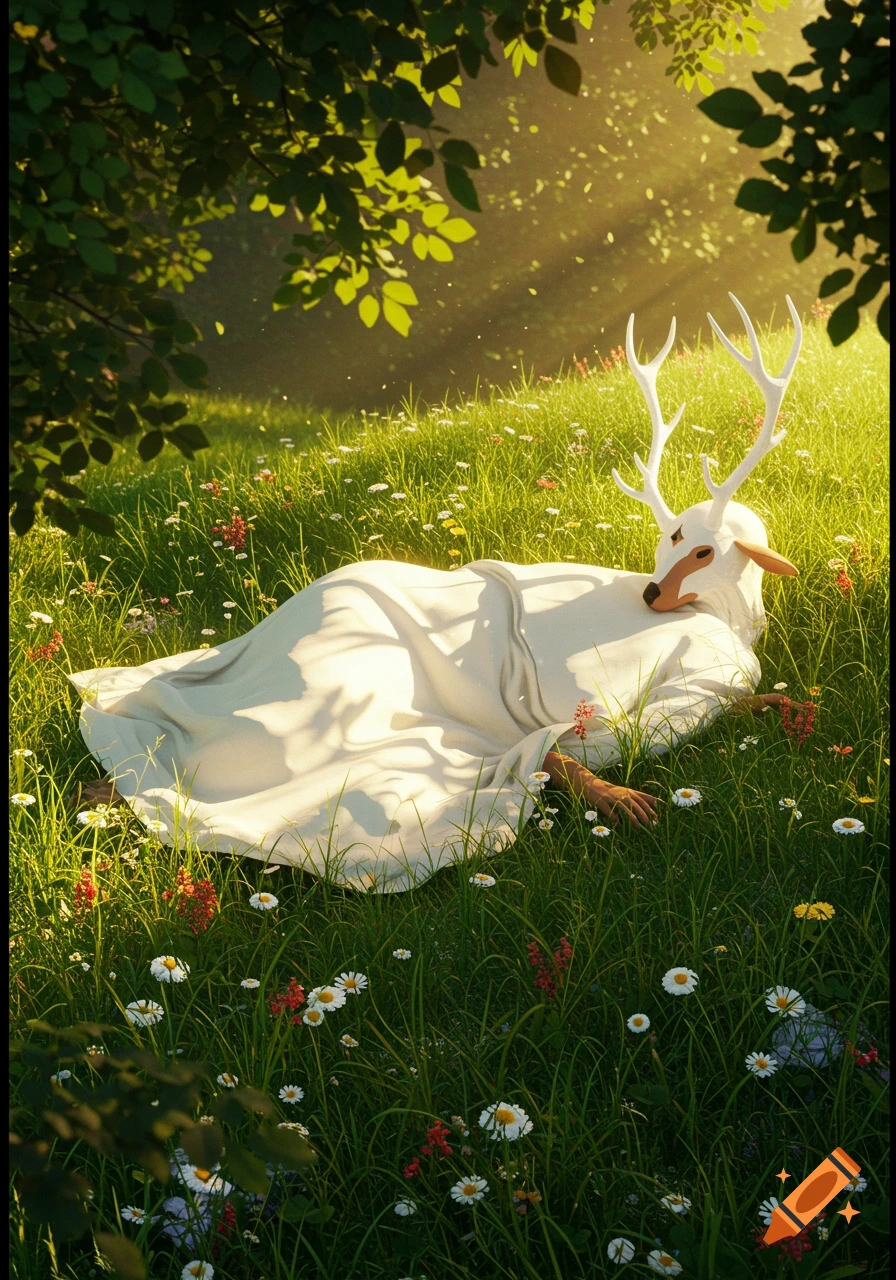 A white, antlered figure with a dog nose lies in a sunlit grassy field among wildflowers.