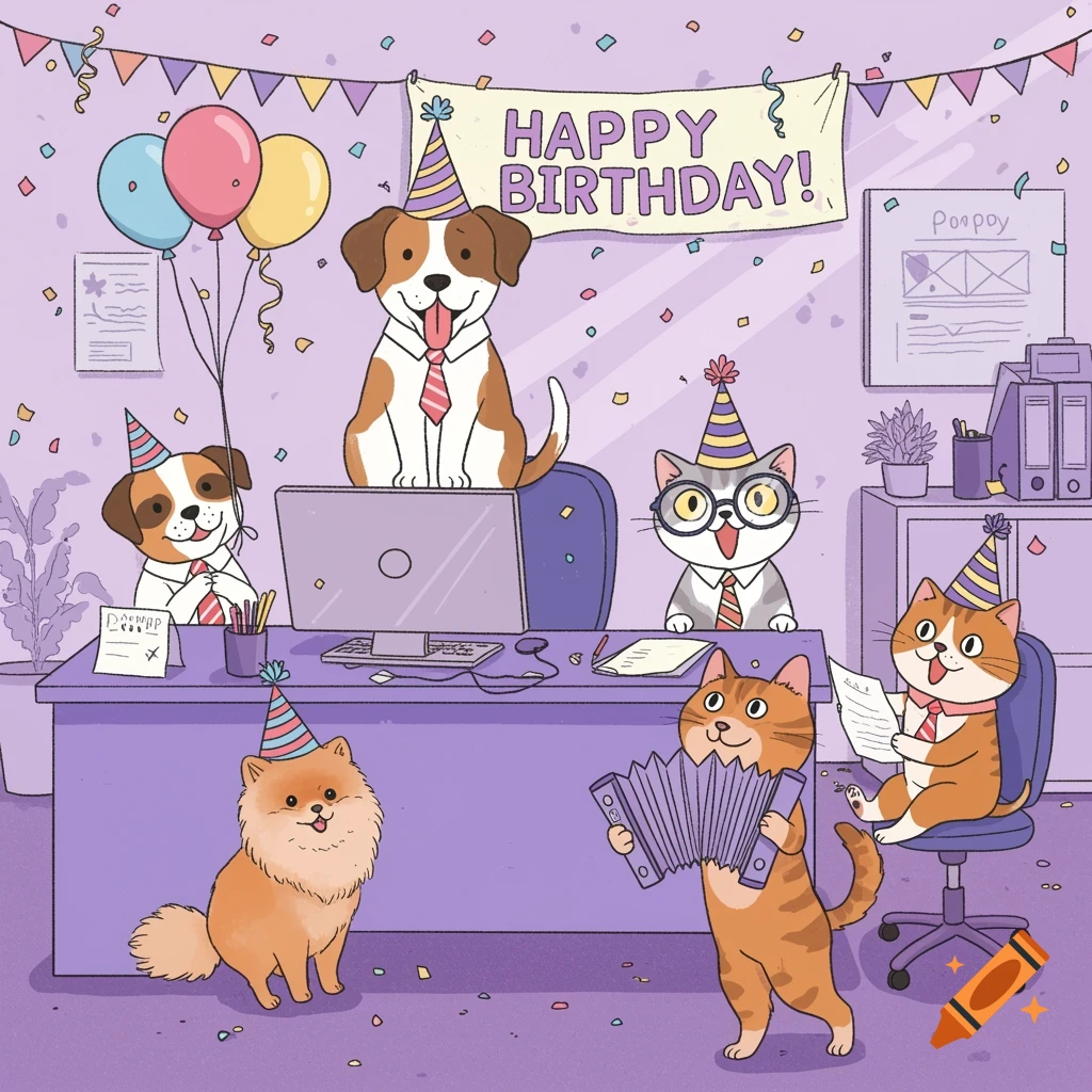 Cartoon illustration of cats and dogs in an office celebrating a birthday party with confetti, balloons, and a "Happy Birthday!" banner.