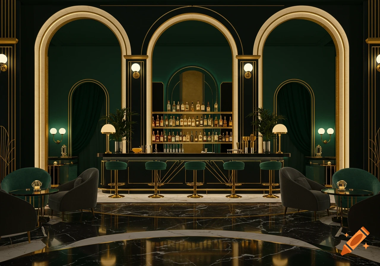 Luxurious, dark green and gold Art Deco bar interior with a long counter, stools, and lounge seating, photorealistic.