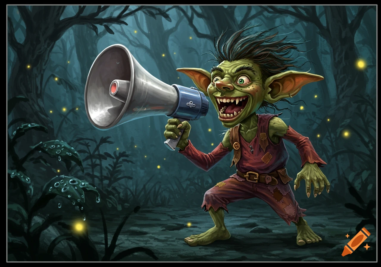 A cartoonish green goblin with a wide, toothy grin holds a megaphone in a dark, misty forest illuminated by glowing fireflies.