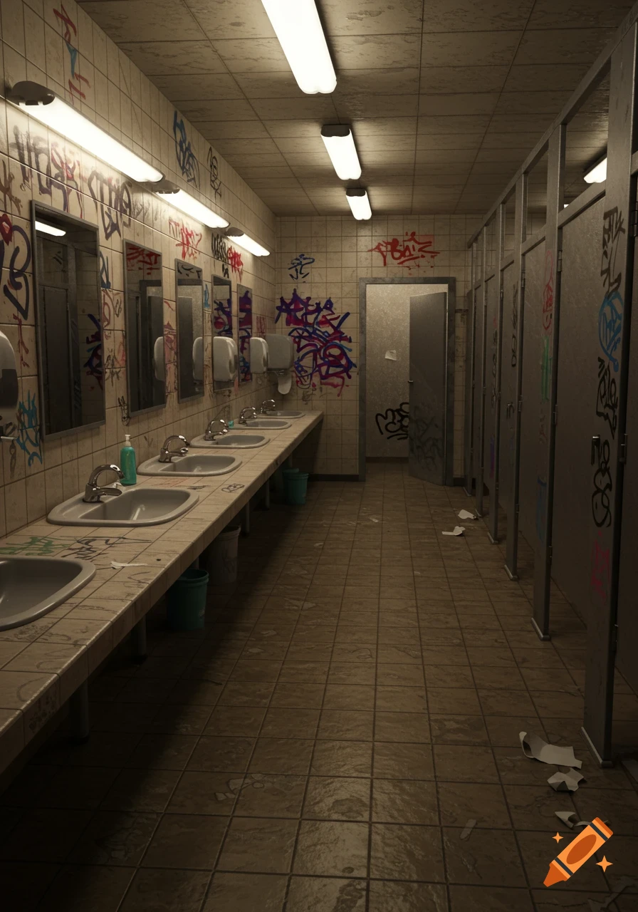 A dimly lit, grungy public bathroom with graffiti-covered walls and stall doors, a row of sinks, and trash on the tiled floor.